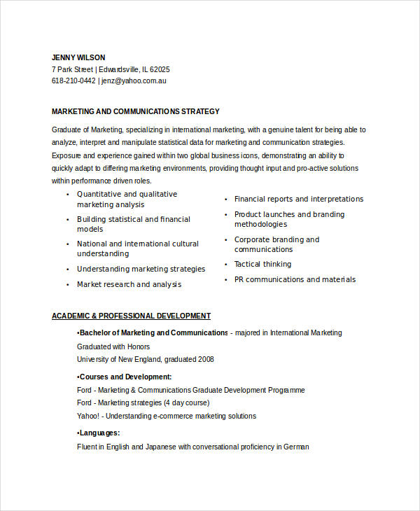 entry level marketing communications resume