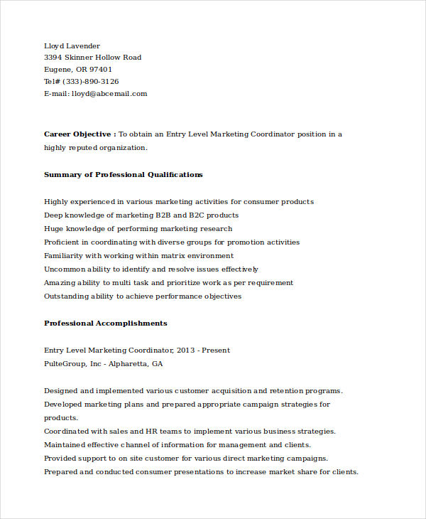 entry level marketing coordinator resume