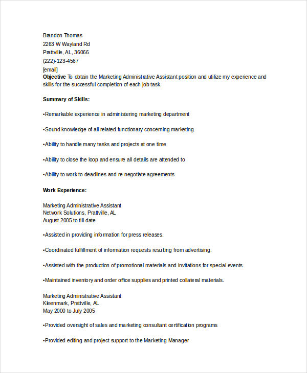 marketing administrative assistant resume