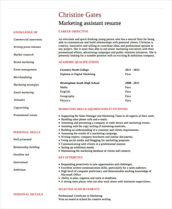 entry level marketing assistant resume