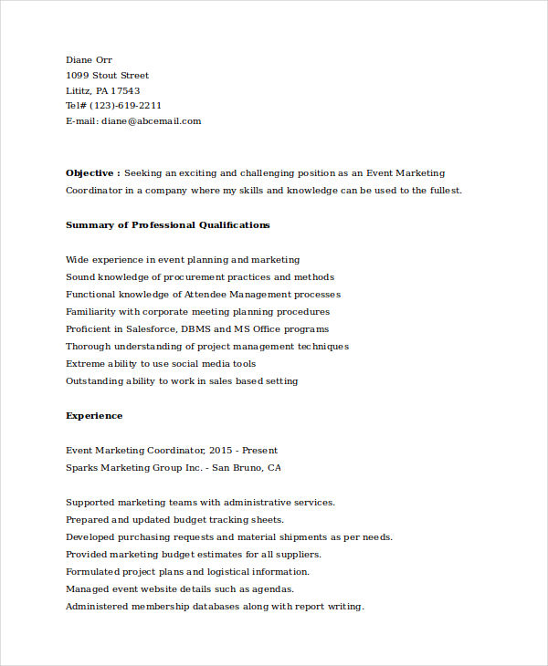 event marketing coordinator resume
