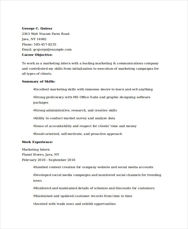 marketing student internship resume