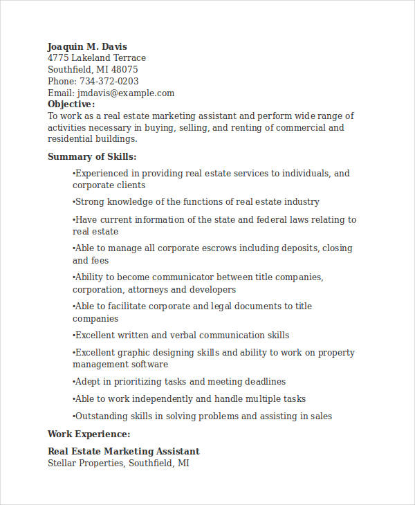 real estate marketing assistant resume