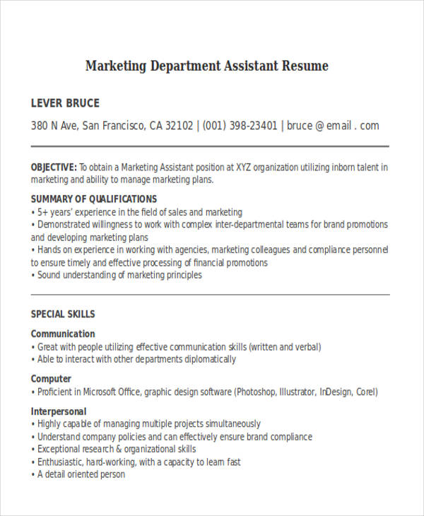 marketing department assistant resume