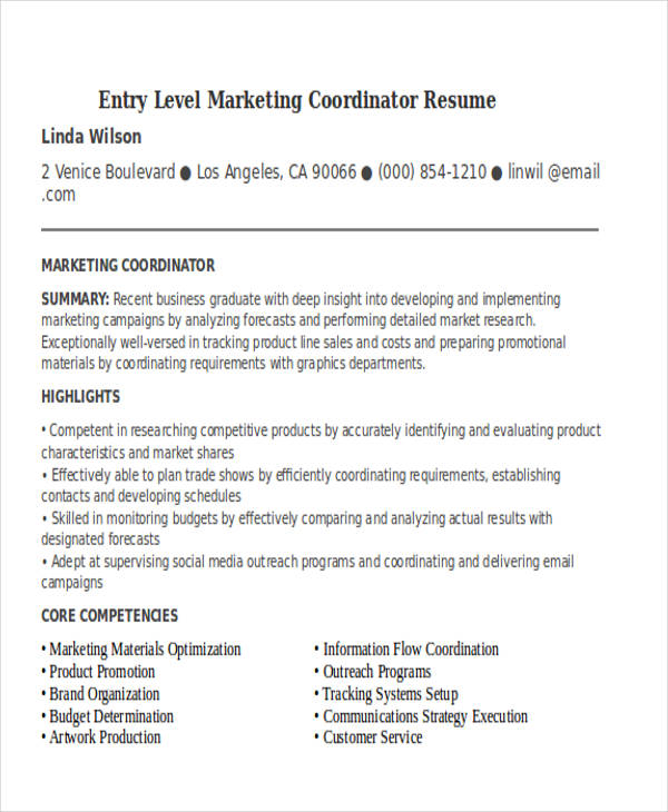 entry level marketing coordinator resume