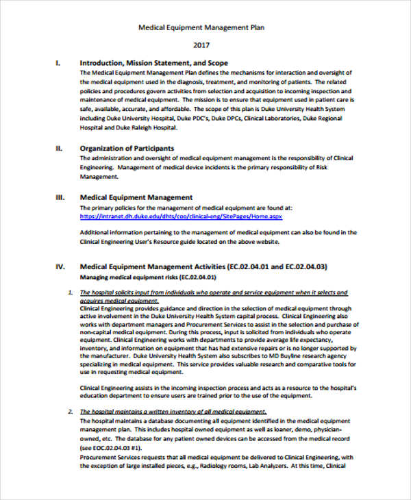 medical equipment management plan