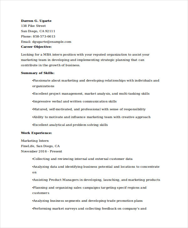 mba marketing internship resume