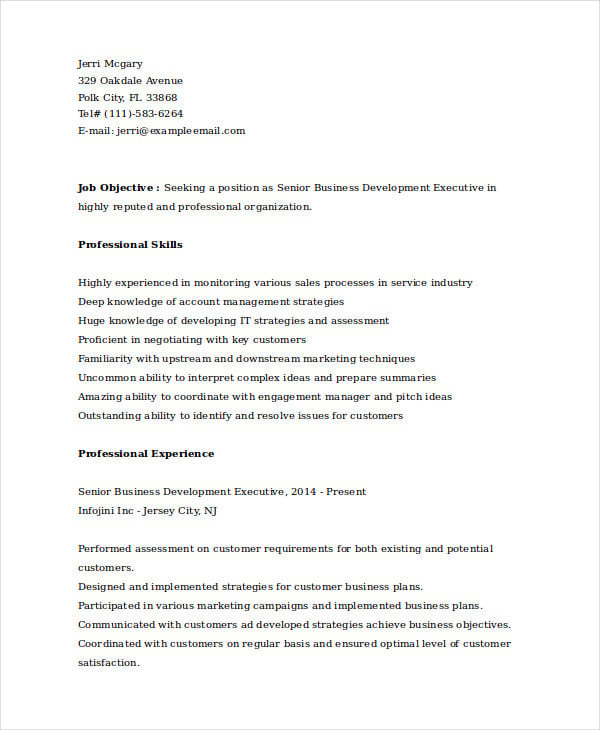 senior business development executive resume