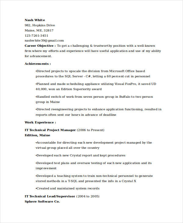 it technical project manager resume