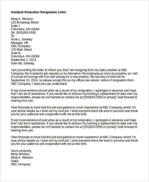 10+ Free Relocation Resignation Letters in PDF Word Apple Pages