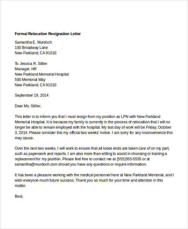 Relocation Resignation Letter Samples from images.template.net