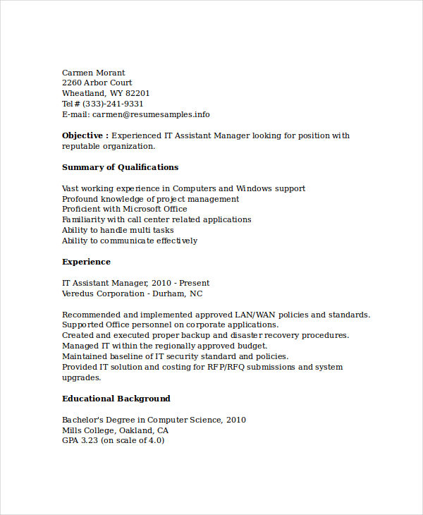 assistant it manager resume