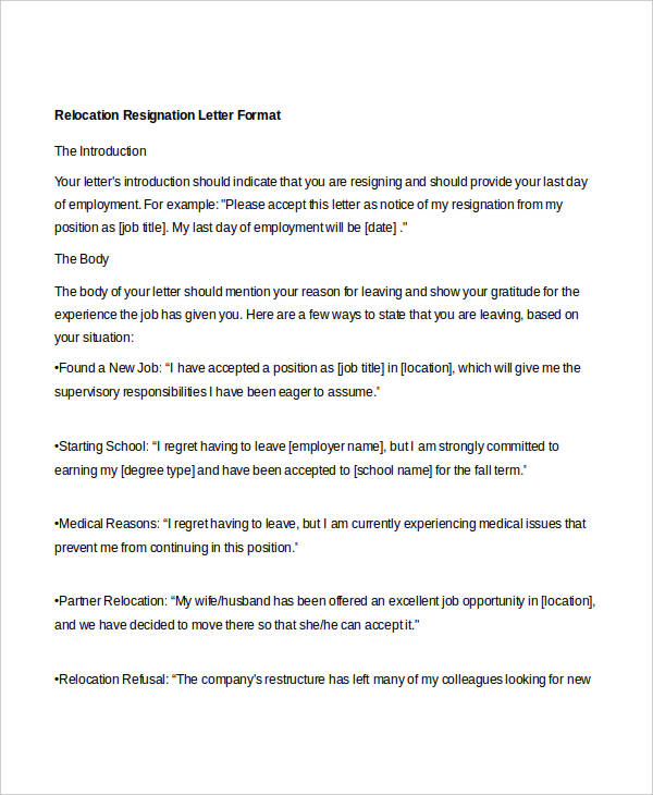 relocation resignation letter format