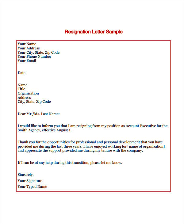 free standard resignation letter