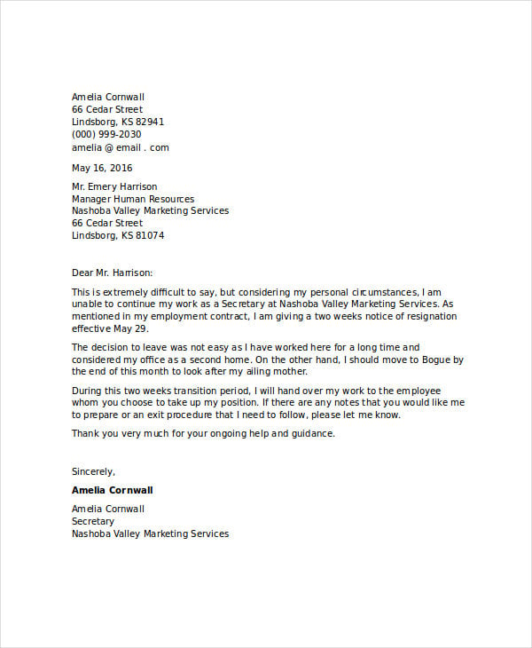 standard 2 week resignation letter