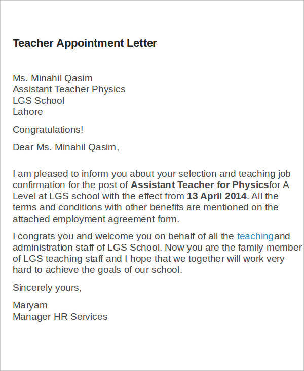 primary teacher appointment letter