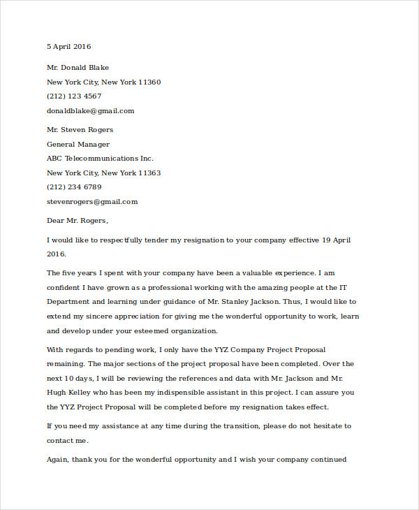 9+ Standard Resignation Letter Template - Free Sample, Example, Format ...