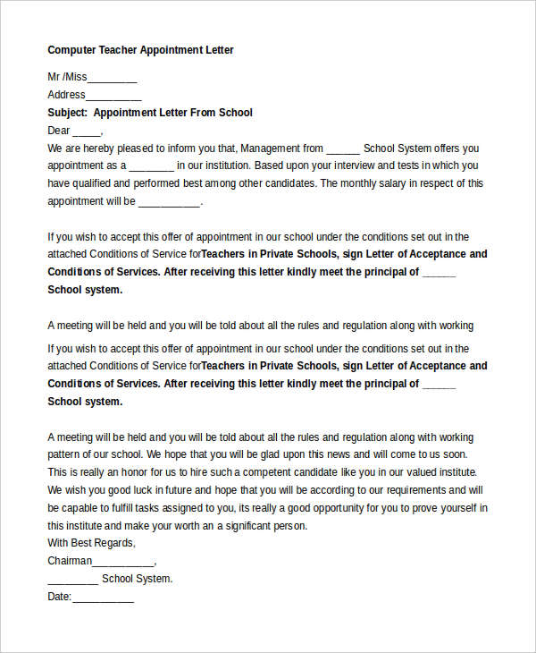 13+ Teacher Appointment Letters - Free Sample, Example Format Download