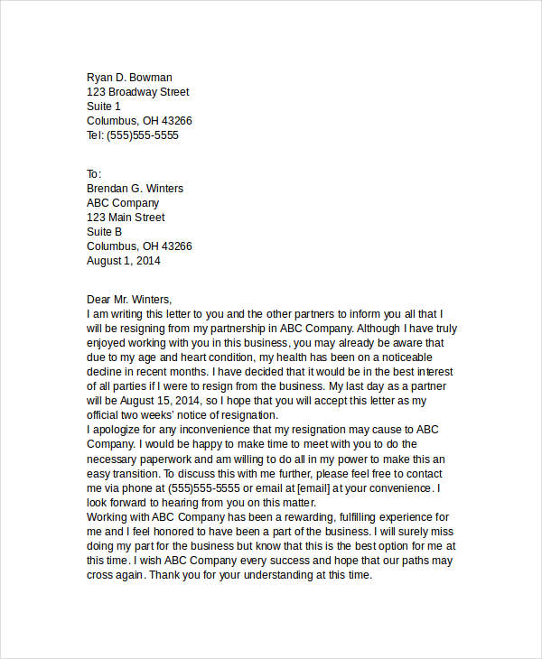 standard business resignation letter