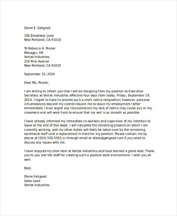 short notice resignation letter