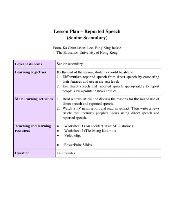 reported speech lesson plan