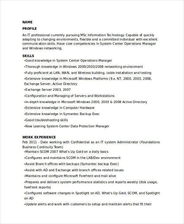 it system administrator resume