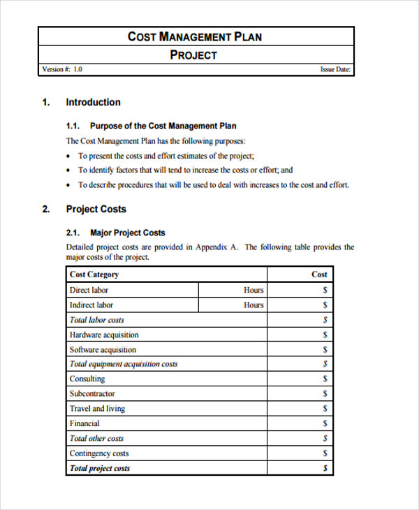 project management cost management plan example