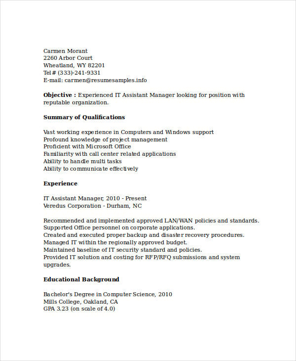 assistant it manager resume10