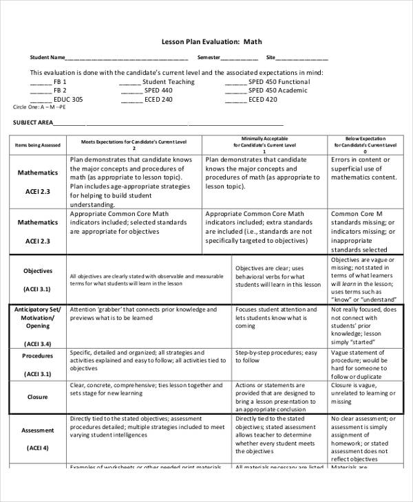 math evaluation lesson plan