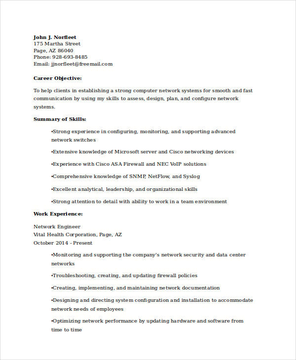 it networking engineer resume