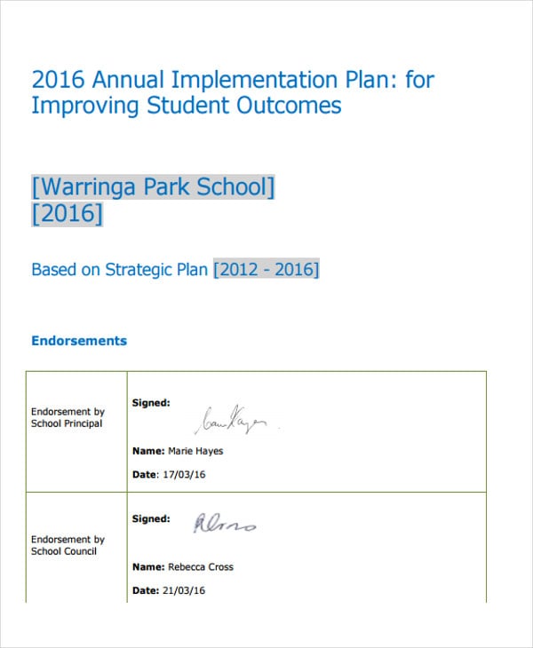 annual implementation plan sample