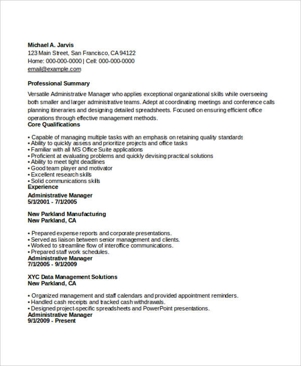 administrative manager resume
