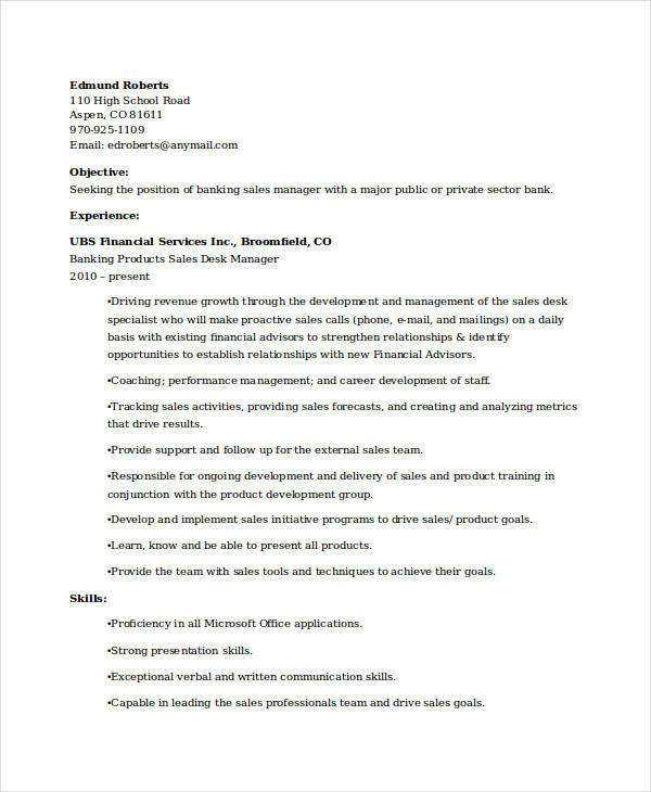 banking sales manager with experience resume