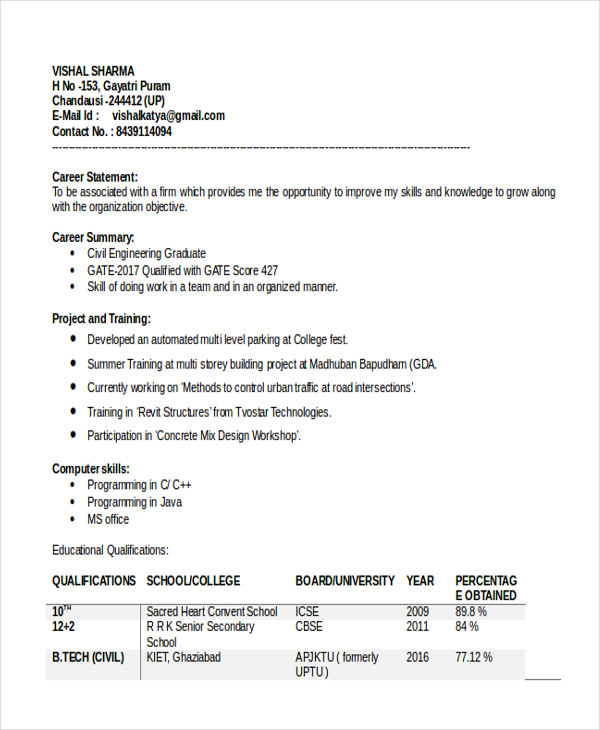 civil engineering fresher resume format