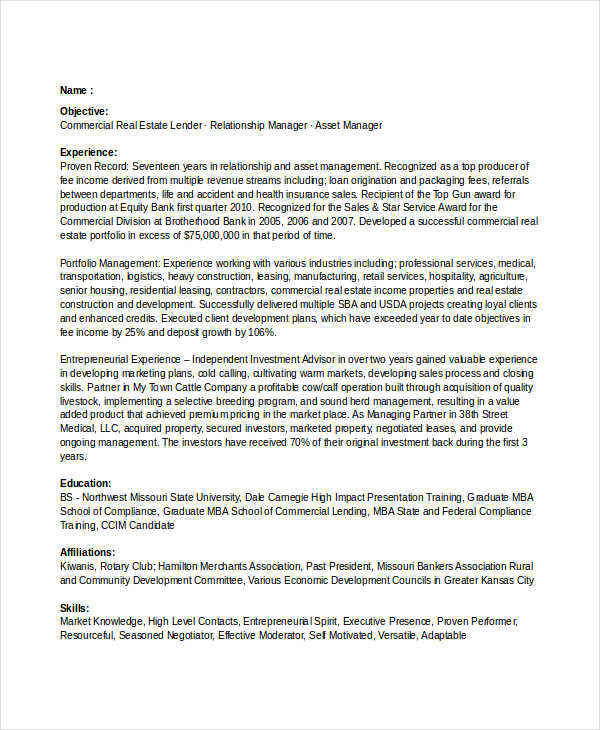 commercial real estate banking resume