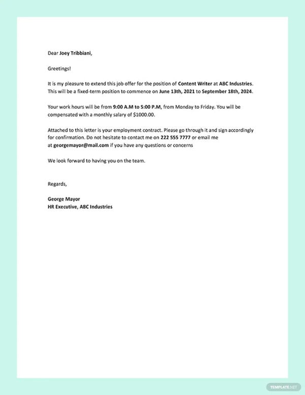 contract offer letter template