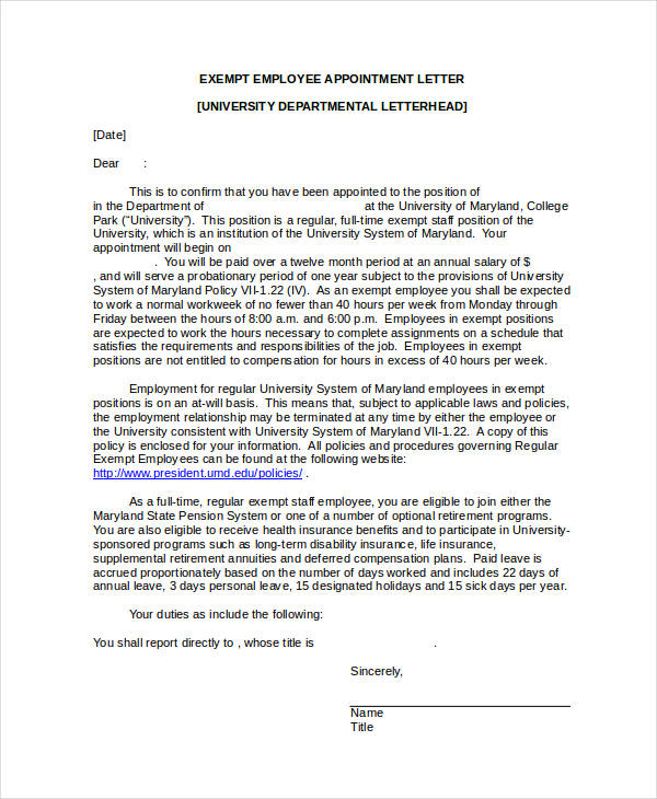 employee appointment letter sample