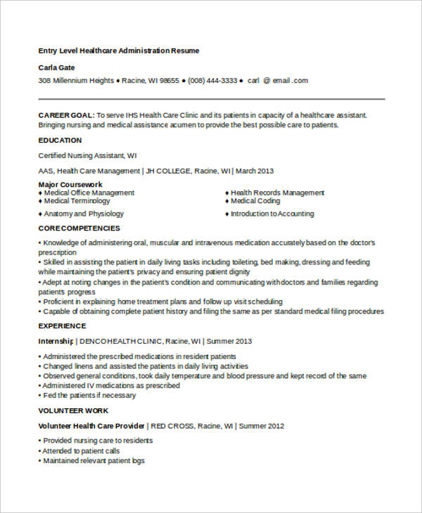 resume objective examples for healthcare administration