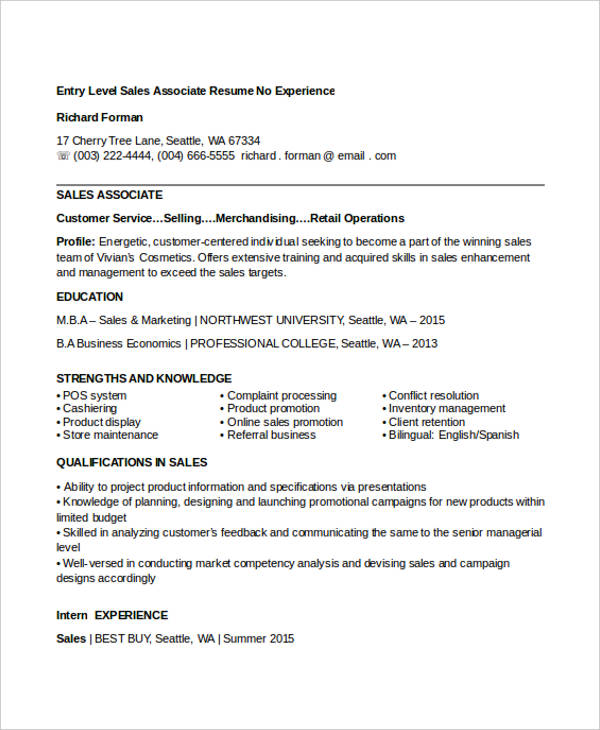 entry level sales associate resume