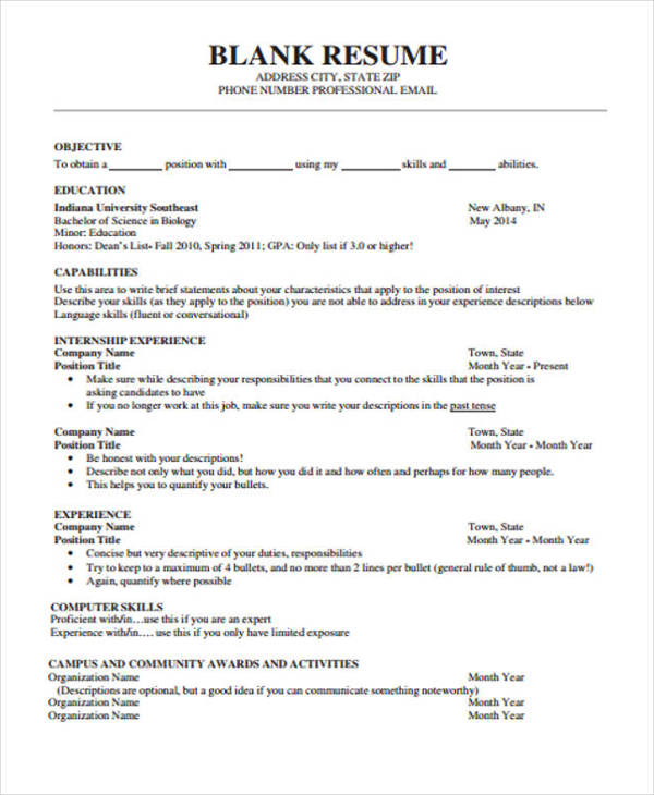 free blank resume form