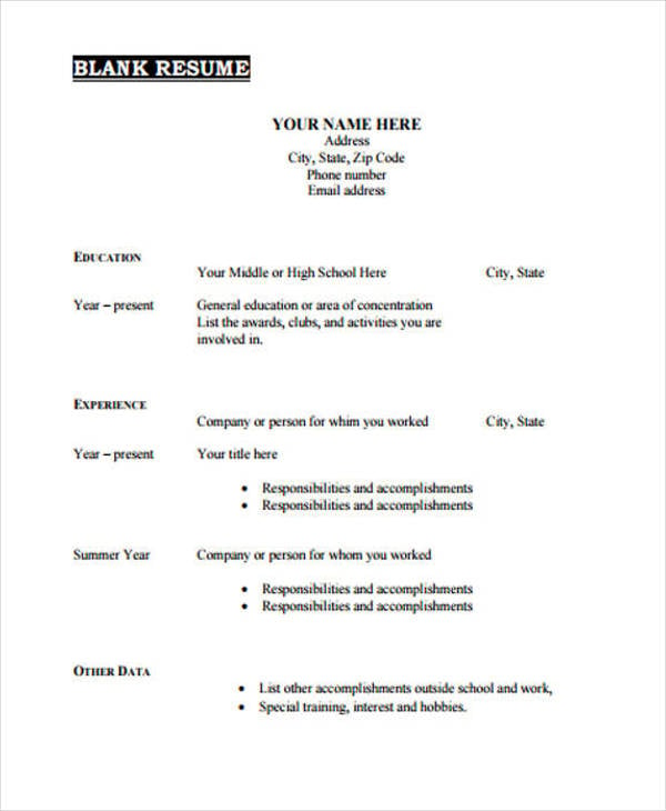 free blank resume format