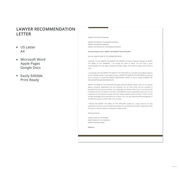 free lawyer recommendation letter template