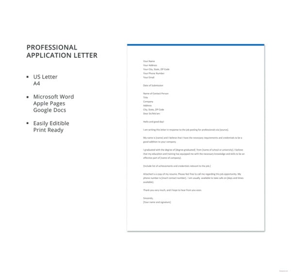 free professional application letter template