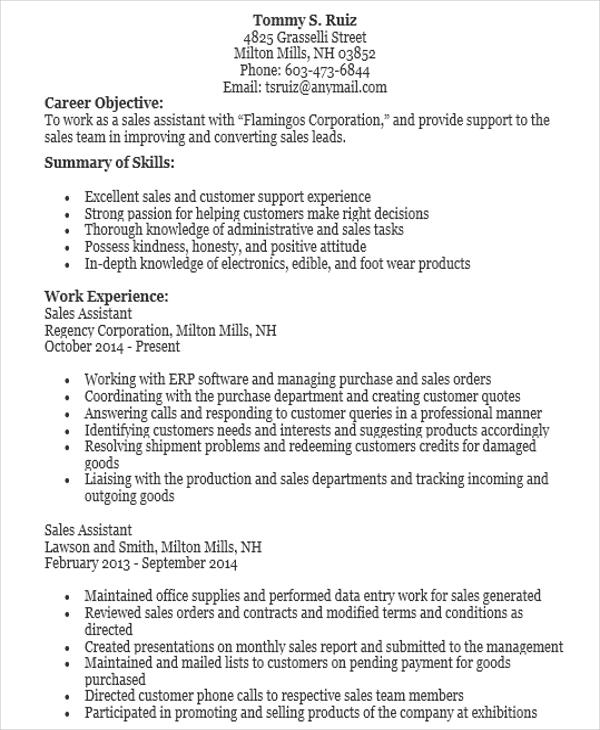 free sales assistant resume
