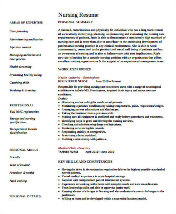 free sample resume for nurse
