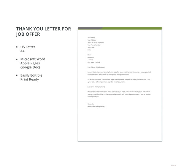 free thank you letter for job offer template