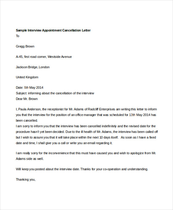 interview appointment cancellation letter