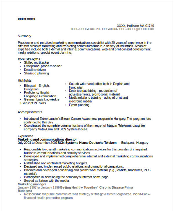 marketing communications director resume