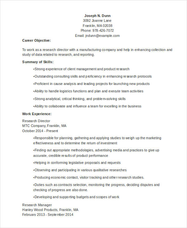 marketing research director resume