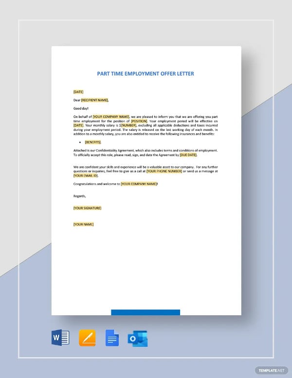 part time employment offer letter template